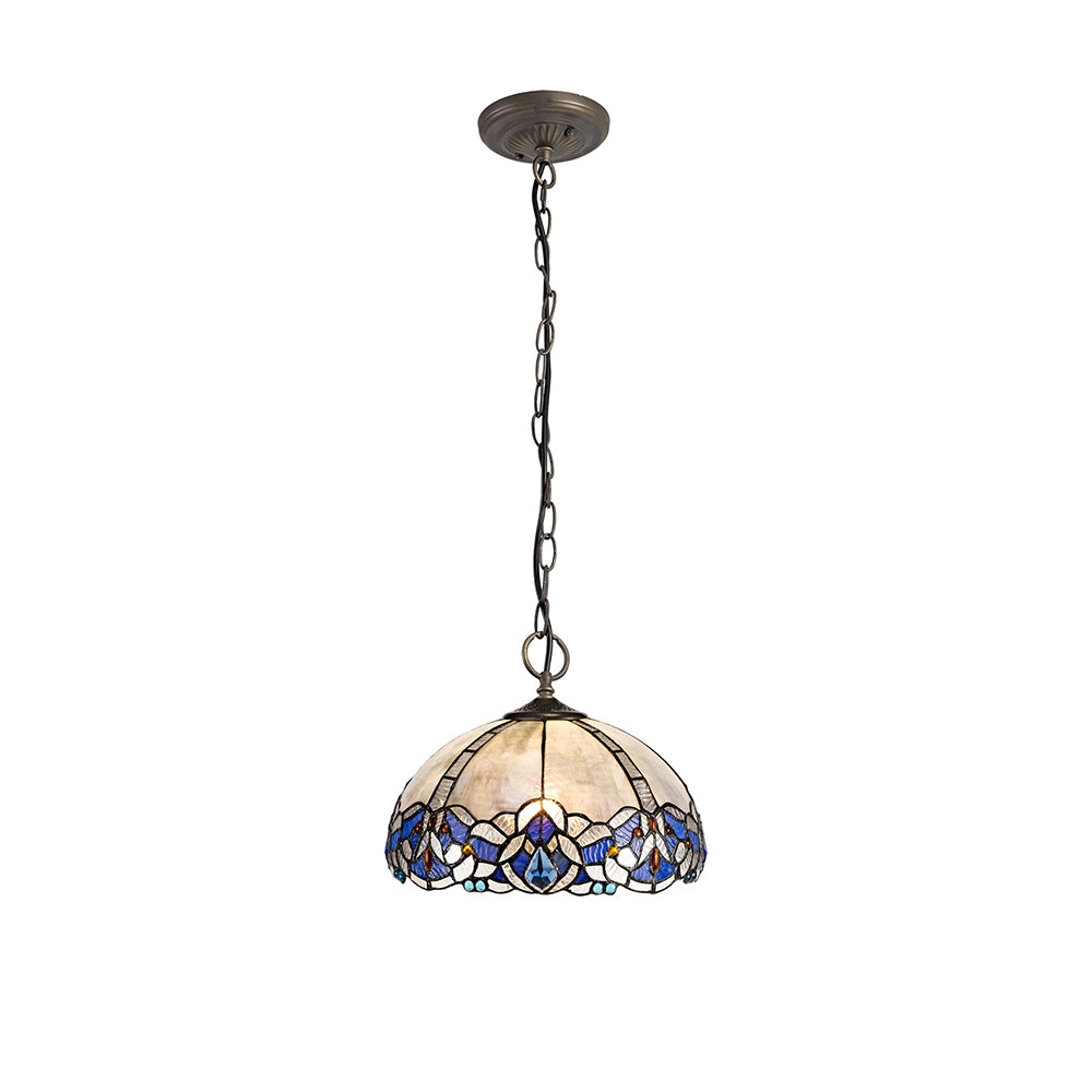 Siddall 3 Light Downlight Pendant E27 With 30cm Tiffany Shade, Blue/Clear Crystal/Aged Antique Brass
