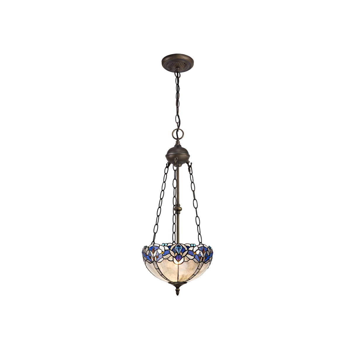 Siddall 2 Light Uplighter Pendant E27 With 30cm Tiffany Shade, Blue/Clear Crystal/Aged Antique Brass