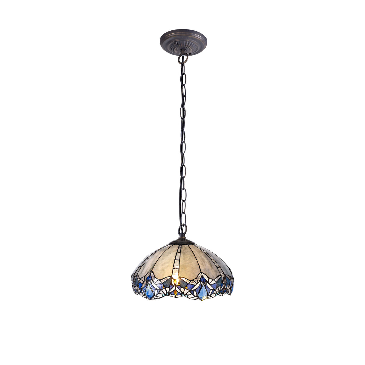 Siddall 1 Light Downlight Pendant E27 With 40cm Tiffany Shade, Blue/Clear Crystal/Aged Antique Brass