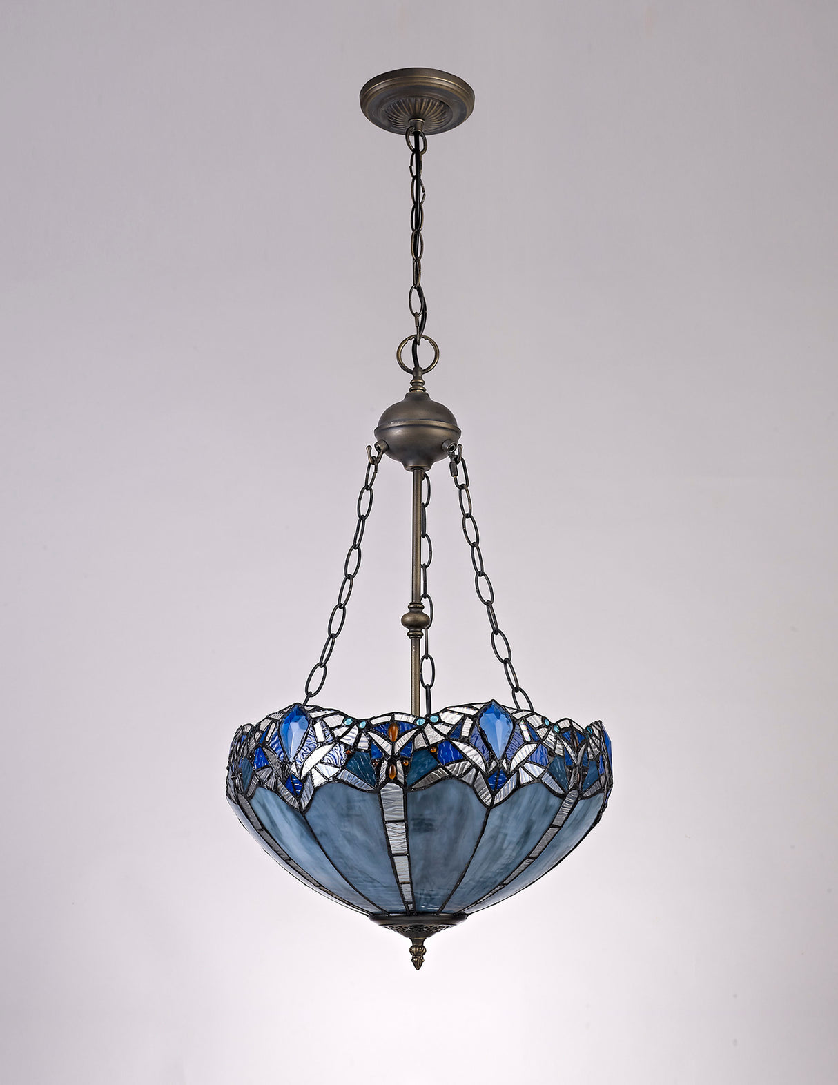 Siddall 2 Light Uplighter Pendant E27 With 40cm Tiffany Shade, Blue/Clear Crystal/Aged Antique Brass