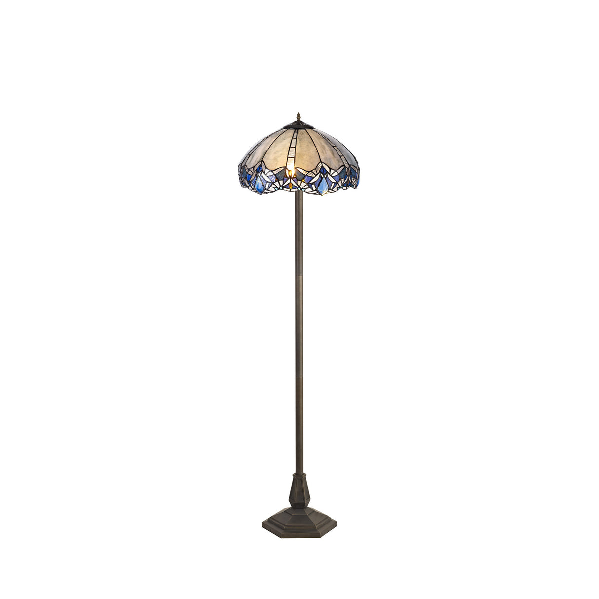 Siddall 2 Light Octagonal Floor Lamp E27 With 40cm Tiffany Shade, Blue/Clear Crystal/Aged Antique Brass