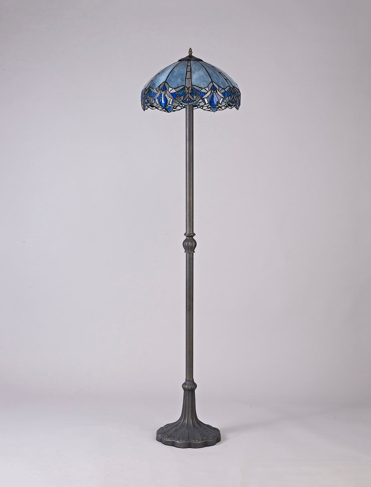 Siddall 2 Light Leaf Design Floor Lamp E27 With 40cm Tiffany Shade, Blue/Clear Crystal/Aged Antique Brass