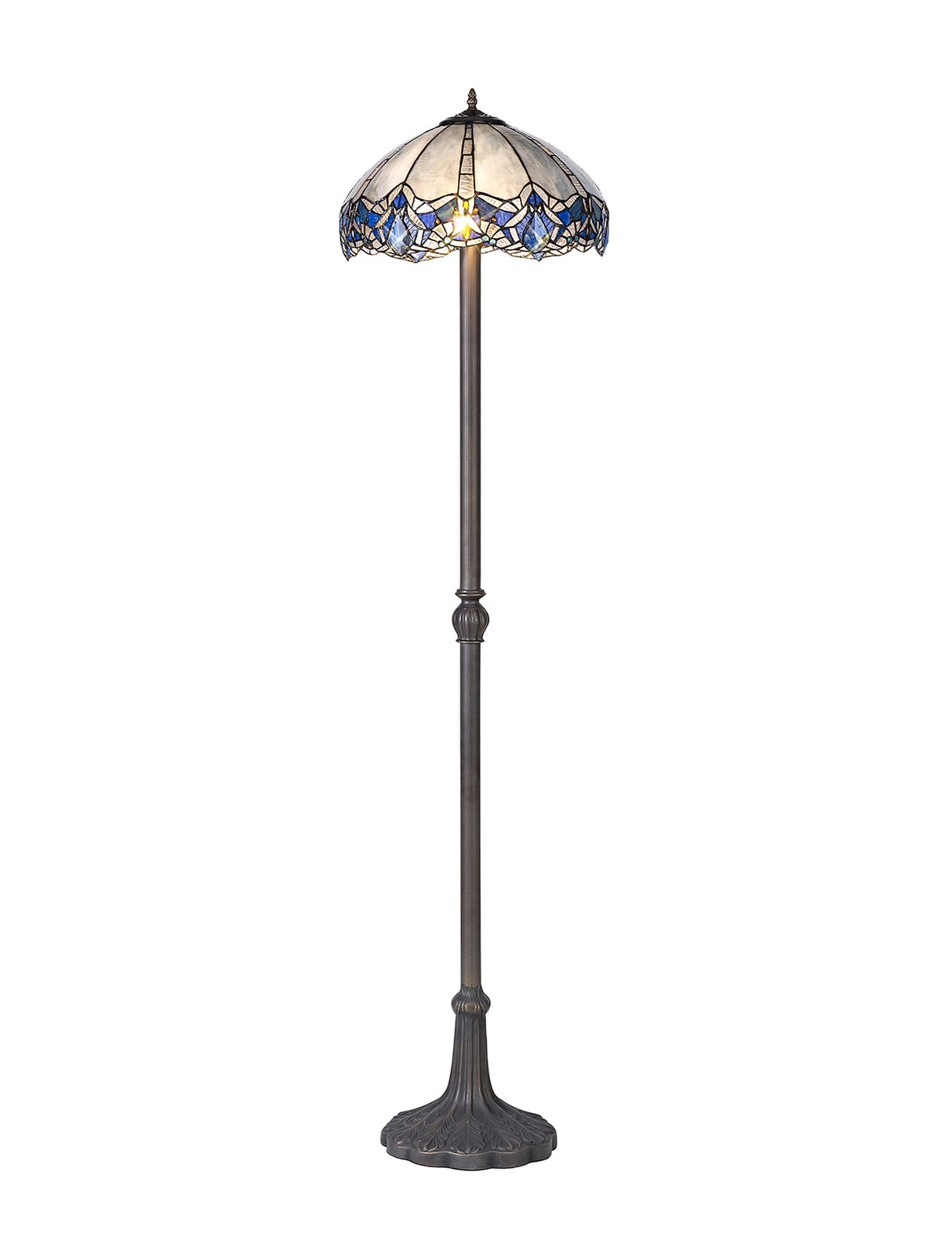 Siddall 2 Light Leaf Design Floor Lamp E27 With 40cm Tiffany Shade, Blue/Clear Crystal/Aged Antique Brass