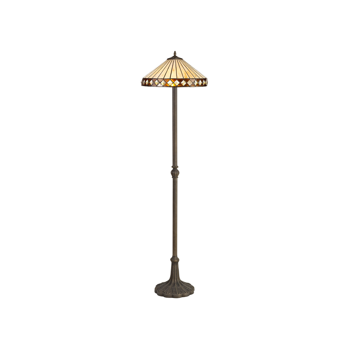 Wearne 2 Light Leaf Design Floor Lamp E27 With 40cm Tiffany Shade, Amber/Cream/Crystal/Aged Antique Brass
