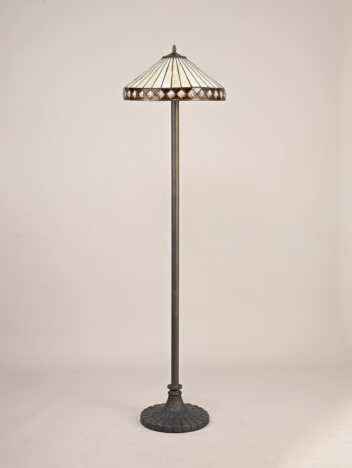 Wearne 2 Light Stepped Design Floor Lamp E27 With 40cm Tiffany Shade, Amber/Cream/Crystal/Aged Antique Brass