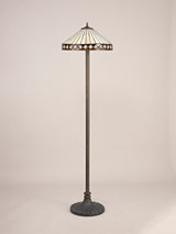 Wearne 2 Light Stepped Design Floor Lamp E27 With 40cm Tiffany Shade, Amber/Cream/Crystal/Aged Antique Brass