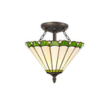 Williams 2 Light Semi Flush E27 With 30cm Tiffany Shade, Green/Cream/Crystal/Aged Antique Brass
