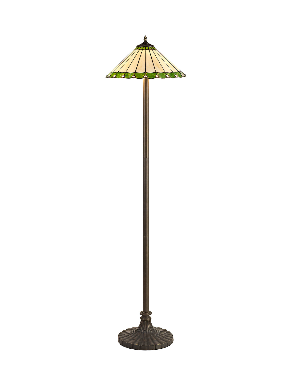 Williams 2 Light Stepped Design Floor Lamp E27 With 40cm Tiffany Shade, Green/Cream/Crystal/Aged Antique Brass