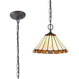 Williams 2 Light Downlighter Pendant E27 With 30cm Tiffany Shade, Amber/Cream/Crystal/Aged Antique Brass