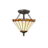 Williams 2 Light Semi Flush E27 With 30cm Tiffany Shade, Amber/Cream/Crystal/Aged Antique Brass