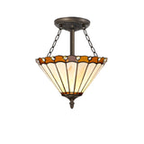 Williams 3 Light Semi Flush E27 With 30cm Tiffany Shade, Amber/Cream/Crystal/Aged Antique Brass