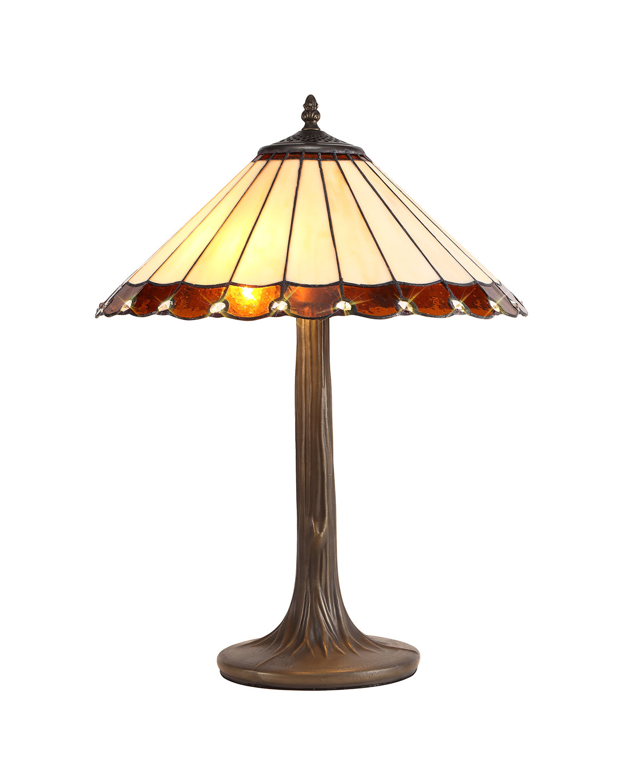 Williams 2 Light Curved Table Lamp E27 With 40cm Tiffany Shade, Amber/Cream/Crystal/Aged Antique Brass