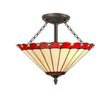 Williams 3 Light Semi Flush E27 With 40cm Tiffany Shade, Red/Cream/Crystal/Aged Antique Brass
