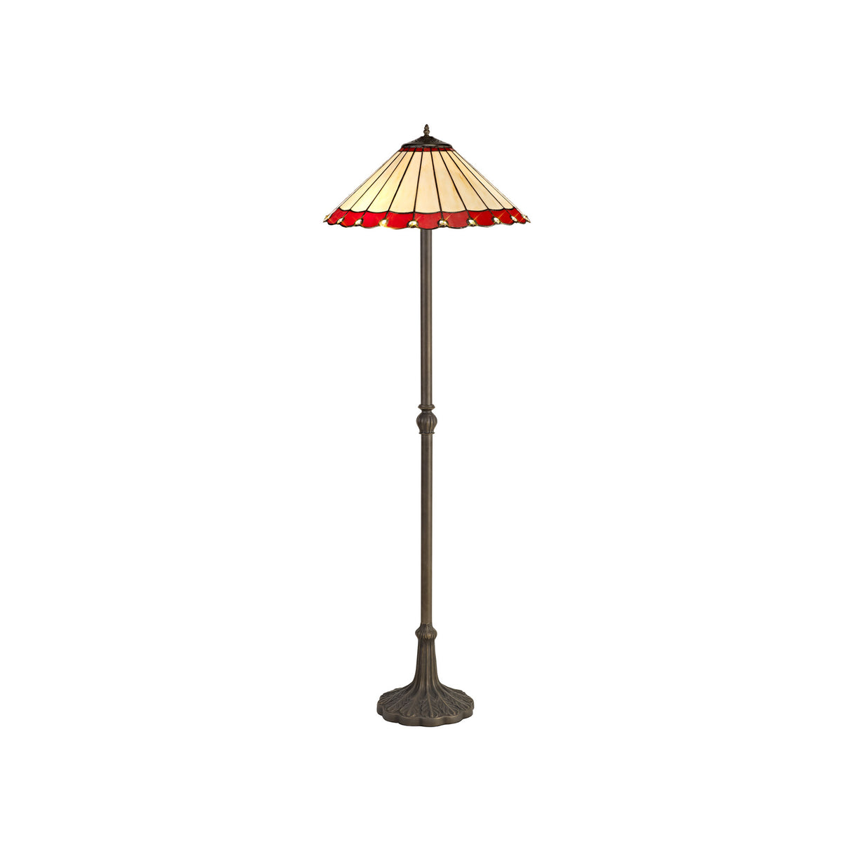 Williams 2 Light Leaf Design Floor Lamp E27 With 40cm Tiffany Shade, Red/Cream/Crystal/Aged Antique Brass