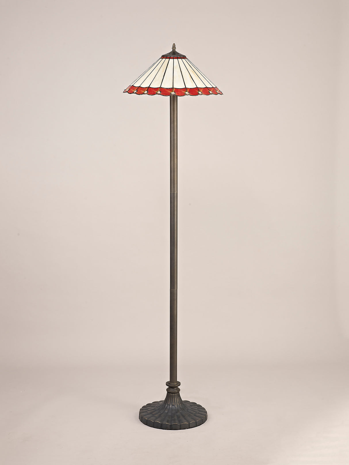 Williams 2 Light Stepped Design Floor Lamp E27 With 40cm Tiffany Shade, Red/Cream/Crystal/Aged Antique Brass