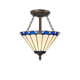 Williams 3 Light Semi Flush E27 With 30cm Tiffany Shade, Blue/Cream/Crystal/Aged Antique Brass