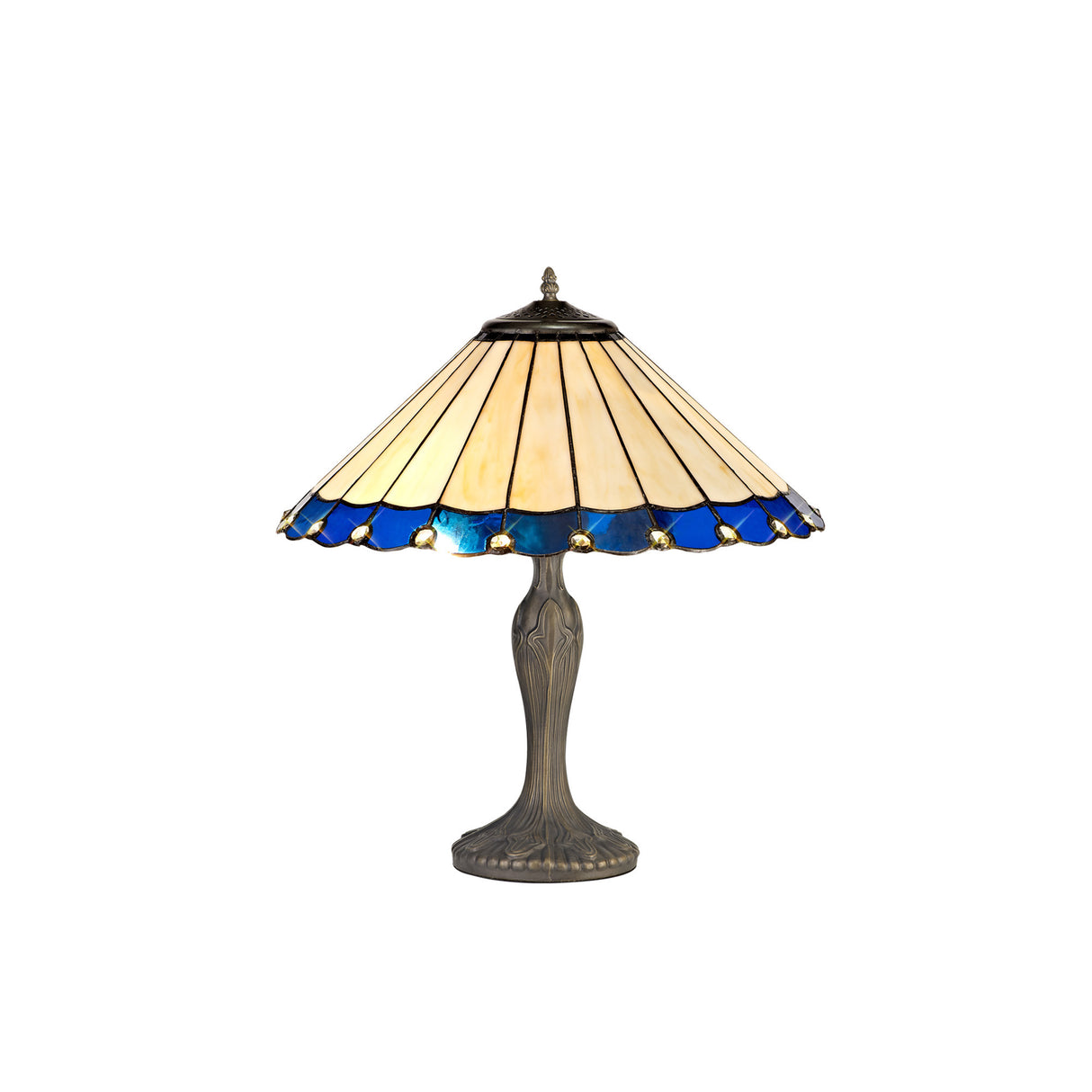Williams 2 Light Curved Table Lamp E27 With 40cm Tiffany Shade, Blue/Cream/Crystal/Aged Antique Brass