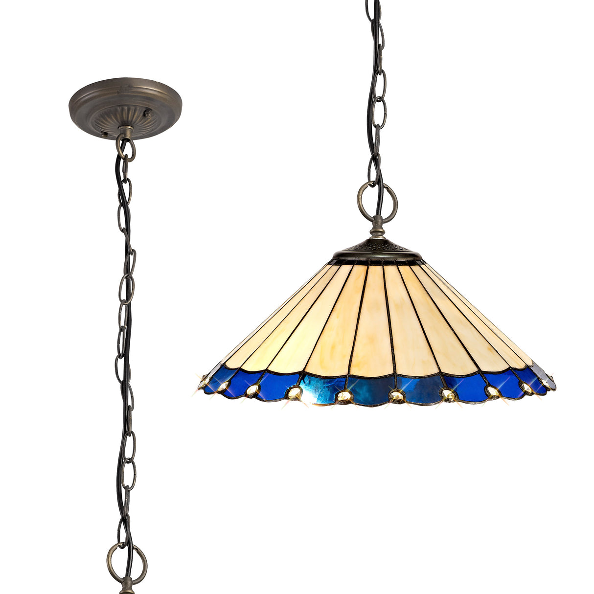 Williams 3 Light Downlighter Pendant E27 With 40cm Tiffany Shade, Blue/Cream/Crystal/Aged Antique Brass