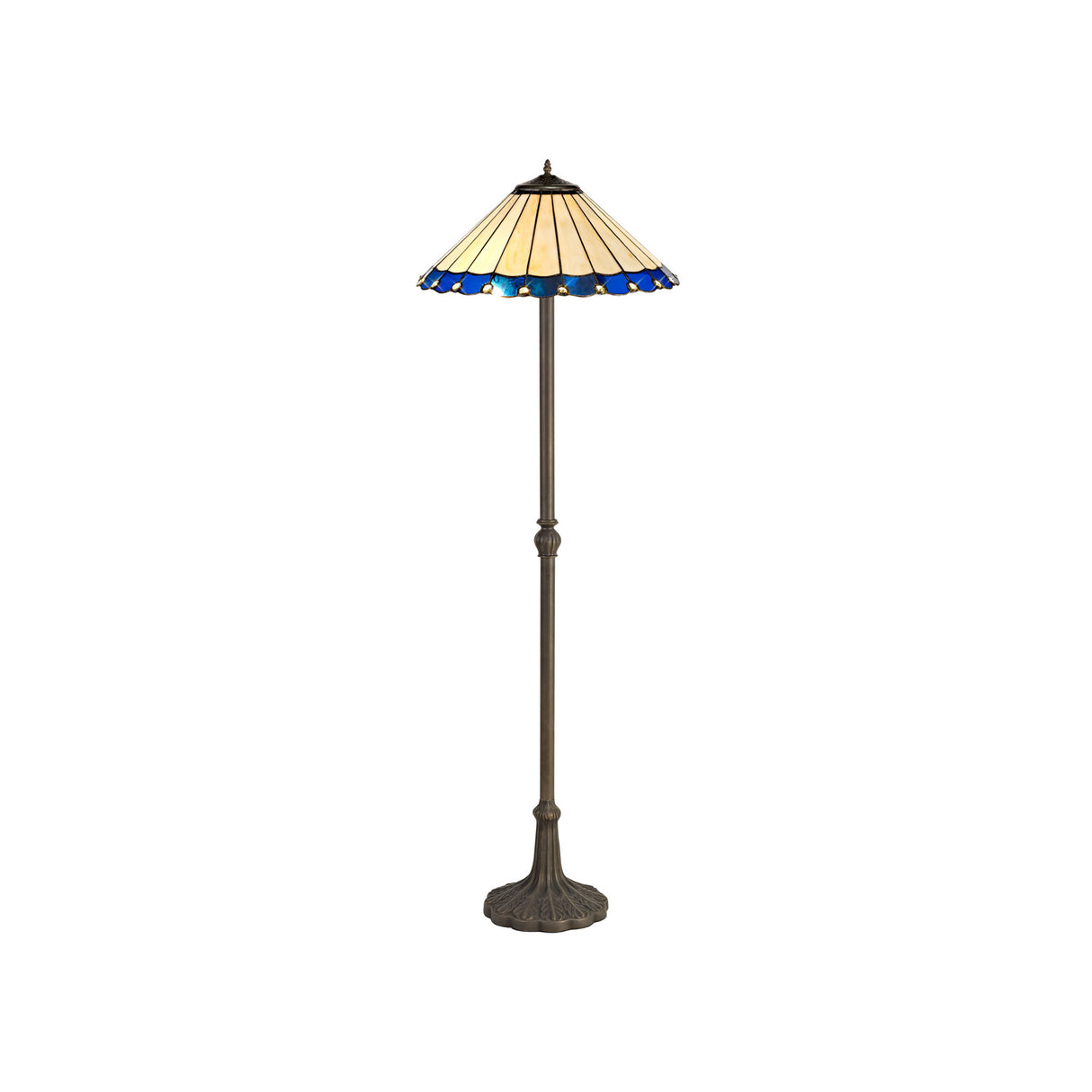 Williams 2 Light Leaf Design Floor Lamp E27 With 40cm Tiffany Shade, Blue/Cream/Crystal/Aged Antique Brass