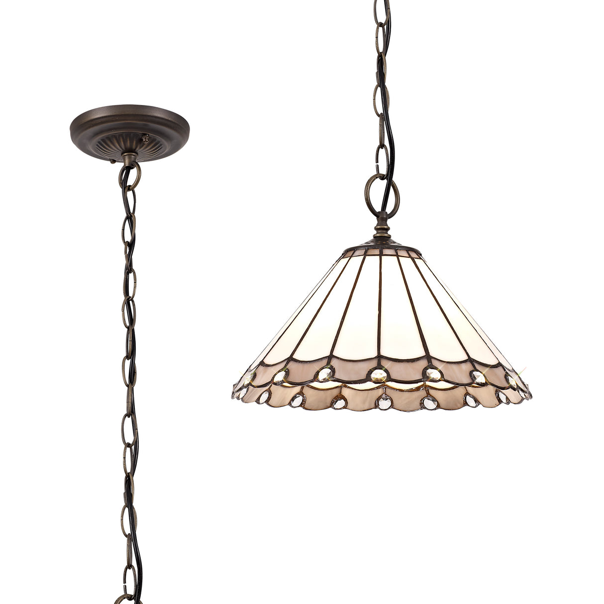 Williams 1 Light Downlighter Pendant E27 With 30cm Tiffany Shade, Grey/Cream/Crystal/Aged Antique Brass