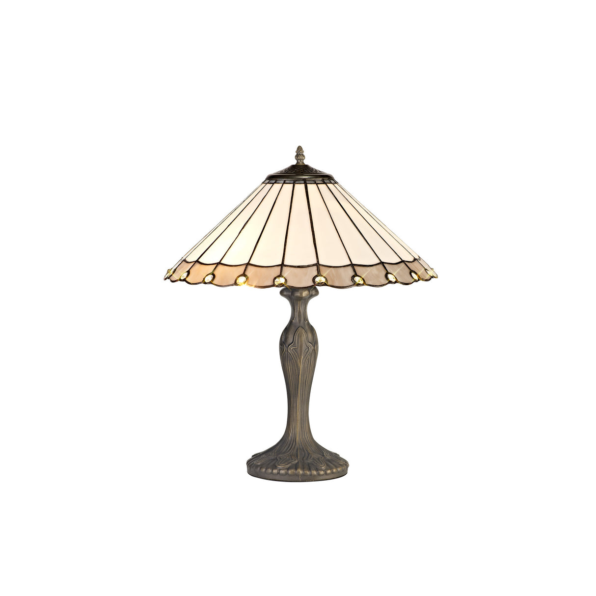 Williams 2 Light Curved Table Lamp E27 With 40cm Tiffany Shade, Grey/Cream/Crystal/Aged Antique Brass