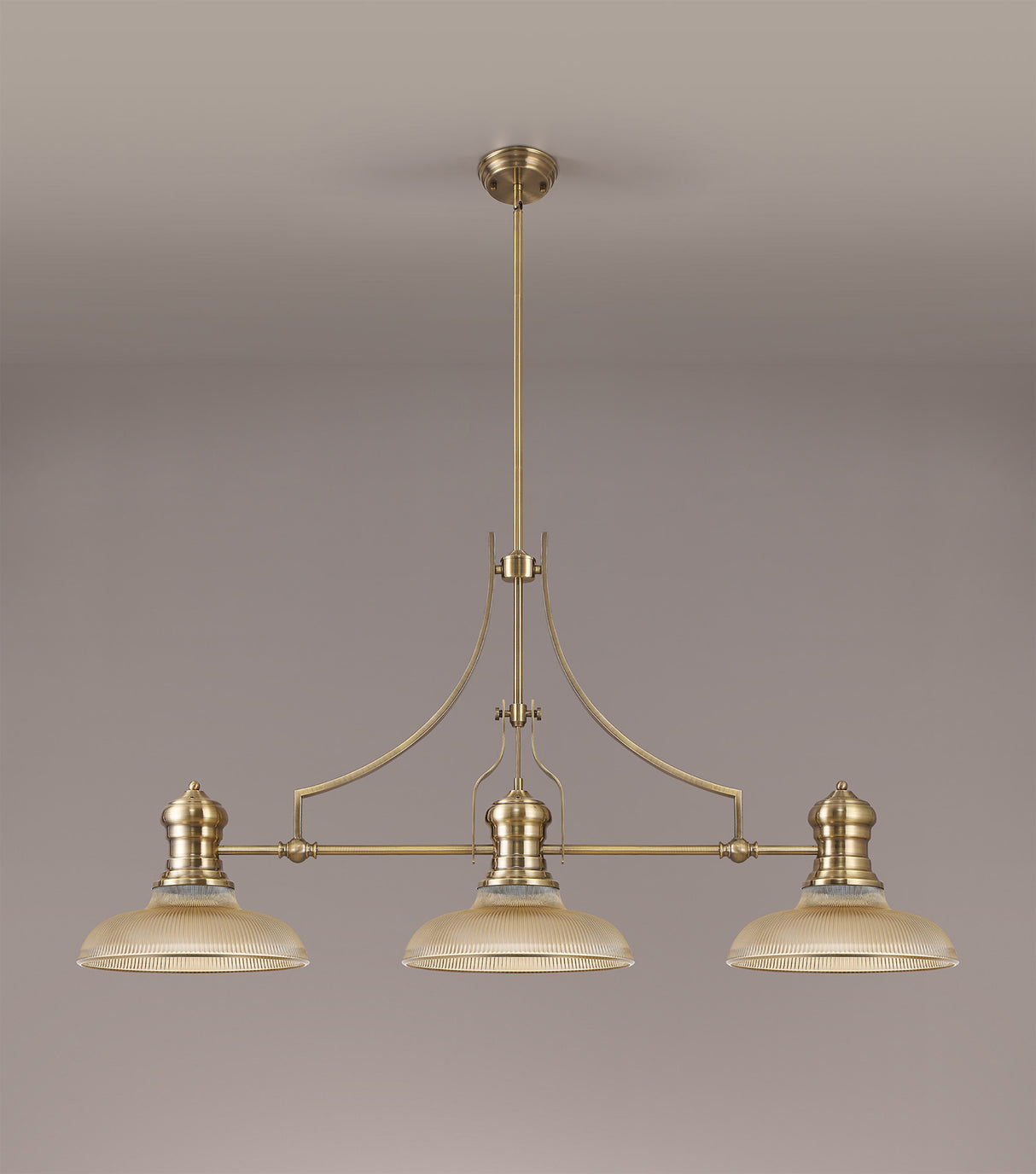 Munro 3 Light Linear Pendant E27 With 30cm Round Glass Shade, Antique Brass, Amber