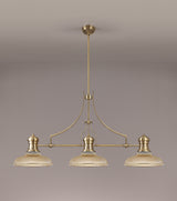 Munro 3 Light Linear Pendant E27 With 30cm Round Glass Shade, Antique Brass, Amber