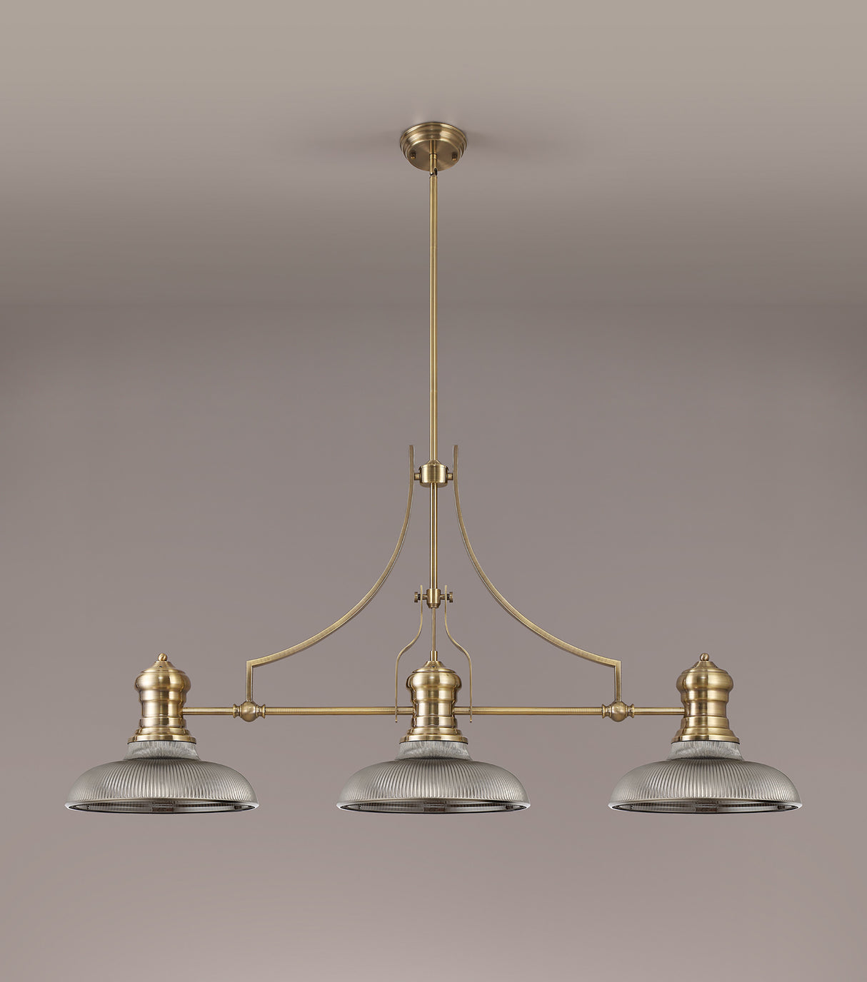 Munro 3 Light Linear Pendant E27 With 30cm Round Glass Shade, Antique Brass, Smoked