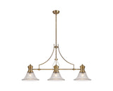 Munro 3 Light Linear Pendant E27 With 30cm Bell Glass Shade, Antique Brass, Clear