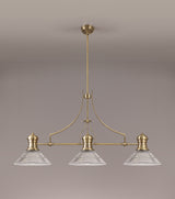 Munro 3 Light Linear Pendant E27 With 30cm Cone Glass Shade, Antique Brass, Clear