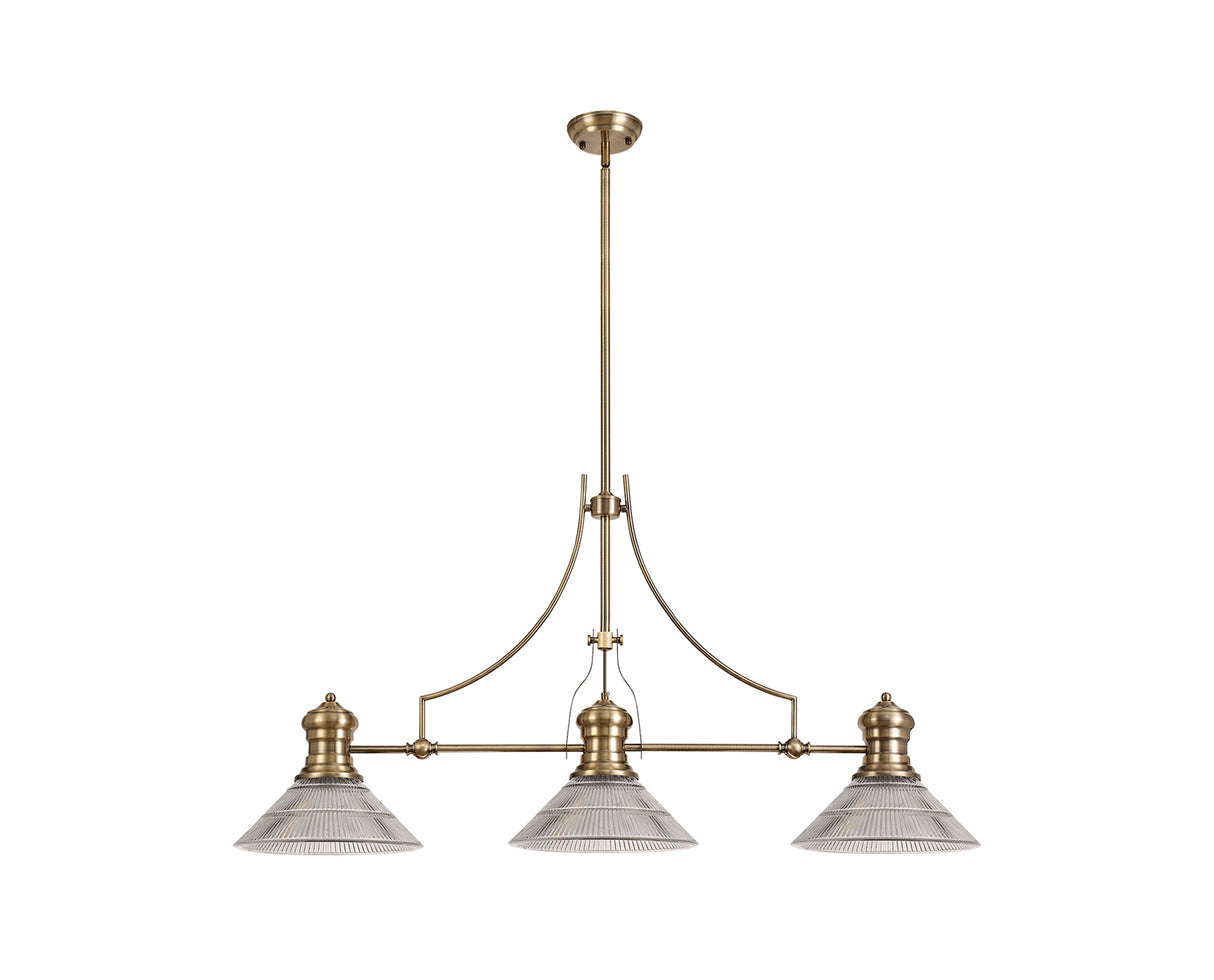 Munro 3 Light Linear Pendant E27 With 30cm Cone Glass Shade, Antique Brass, Clear