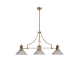 Munro 3 Light Linear Pendant E27 With 30cm Cone Glass Shade, Antique Brass, Clear