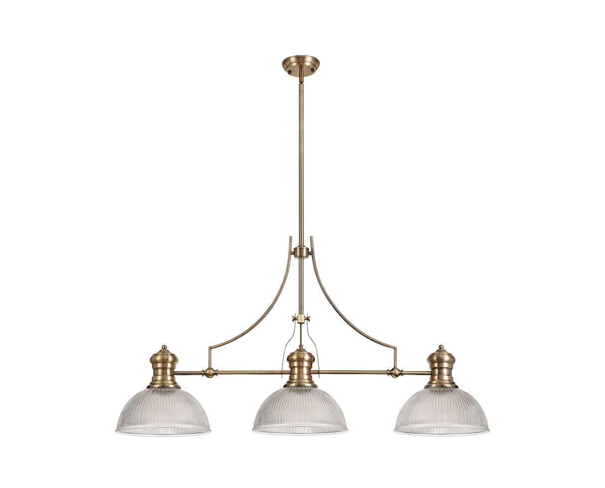 Munro 3 Light Linear Pendant E27 With 30cm Dome Glass Shade, Antique Brass, Clear