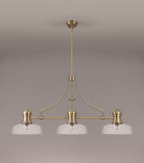 Munro 3 Light Linear Pendant E27 With 30cm Flat Round Glass Shade, Antique Brass, Clear
