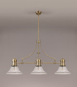 Munro 3 Light Linear Pendant E27 With 30cm Smooth Bell Glass Shade, Antique Brass, Clear