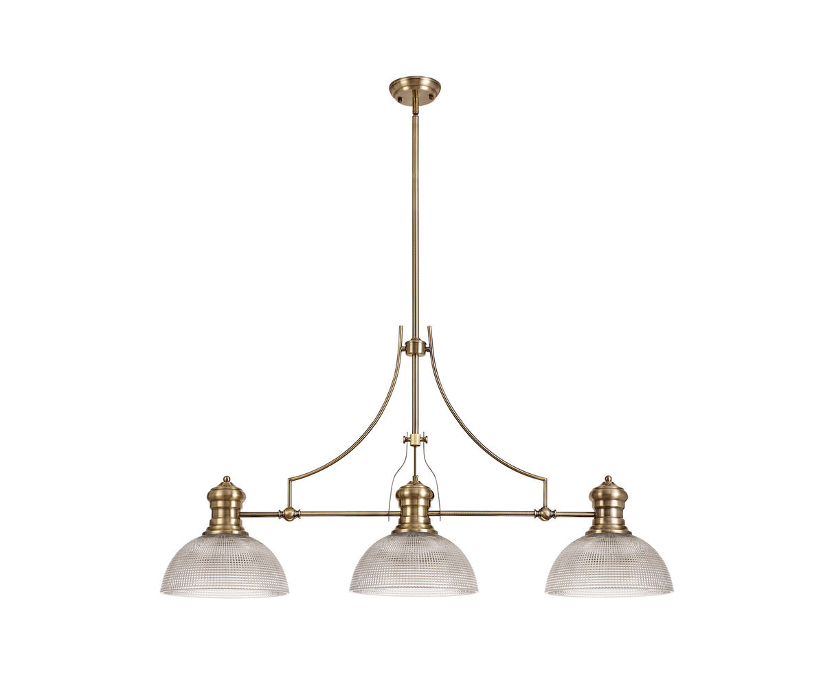 Munro 3 Light Linear Pendant E27 With 30cm Prismatic Glass Shade, Antique Brass, Clear