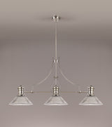 Munro 3 Light Linear Pendant E27 With 30cm Cone Glass Shade, Polished Nickel, Clear