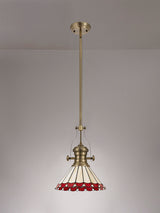 Williams 1 Light Pendant E27 With 30cm Tiffany Shade, Antique Brass/Red/Cream/Crystal