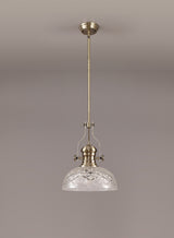 Munro Pendant With 30cm Flat Round Patterned Shade, 1 x E27, Antique Brass/Clear Glass