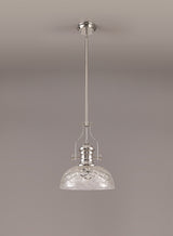 Munro Pendant With 30cm Flat Round Patterned Shade, 1 x E27, Polished Nickel/Clear Glass