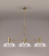 Munro Linear Pendant With 38cm Flat Round Shade, 3 x E27, Antique Brass/Clear Glass