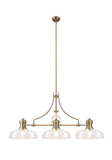 Munro Linear Pendant With 38cm Flat Round Shade, 3 x E27, Antique Brass/Clear Glass