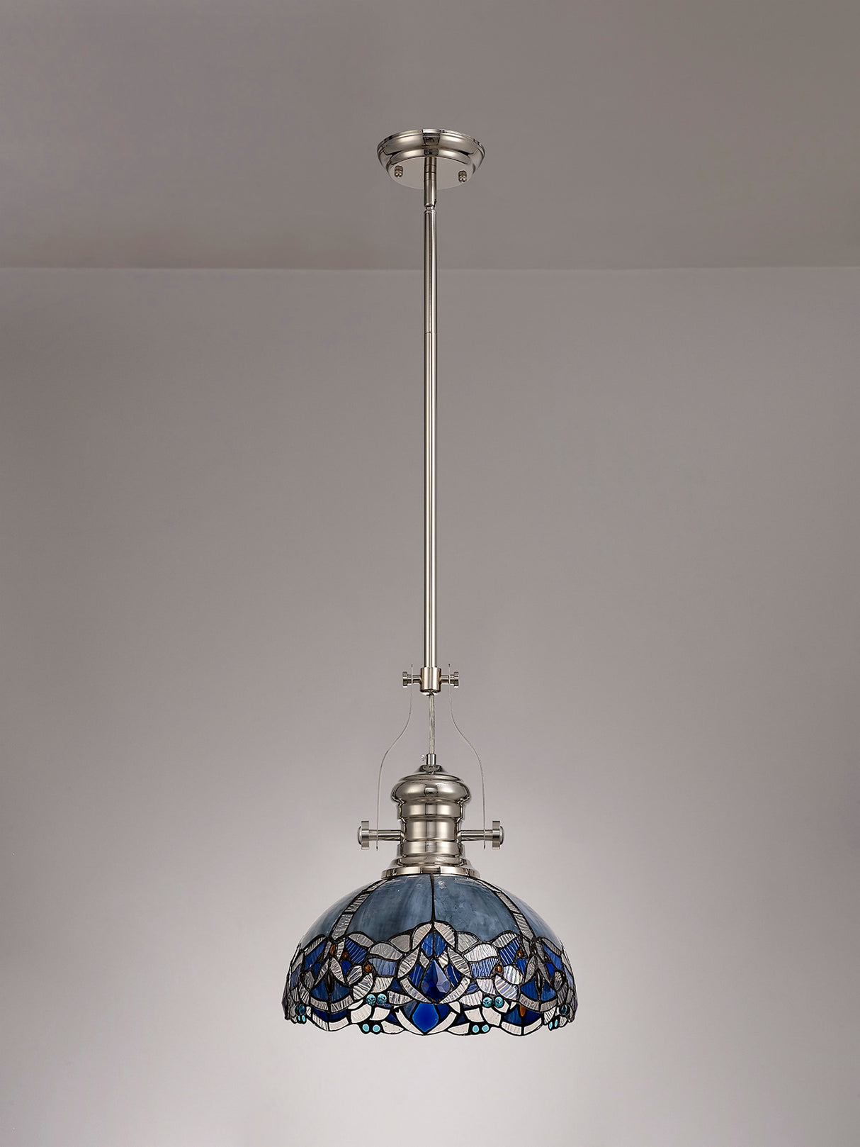 Siddall 1 Light Pendant E27 With 30cm Tiffany Shade, Polished Nickel/Blue/Clear Crystal
