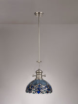 Siddall 1 Light Pendant E27 With 30cm Tiffany Shade, Polished Nickel/Blue/Clear Crystal