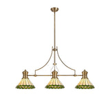 Williams 3 Light Linear Pendant E27 With 30cm Tiffany Shade, Antique Brass, Green, Cream, Crystal