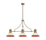 Williams 3 Light Linear Pendant E27 With 30cm Tiffany Shade, Antique Brass, Red, Cream, Crystal