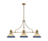 Williams 3 Light Linear Pendant E27 With 30cm Tiffany Shade, Antique Brass, Blue, Cream, Crystal