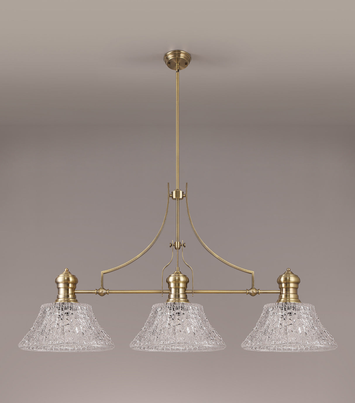 Munro Linear Pendant With 38cm Patterned Round Shade, 3 x E27, Antique Brass/Clear Glass Item Weight: 19.1kg