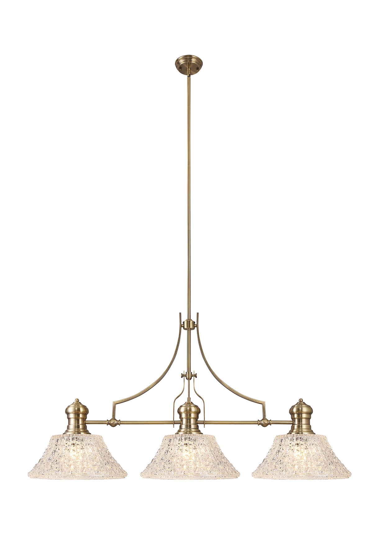 Munro Linear Pendant With 38cm Patterned Round Shade, 3 x E27, Antique Brass/Clear Glass Item Weight: 19.1kg