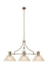 Munro Linear Pendant With 38cm Patterned Round Shade, 3 x E27, Antique Brass/Clear Glass Item Weight: 19.1kg